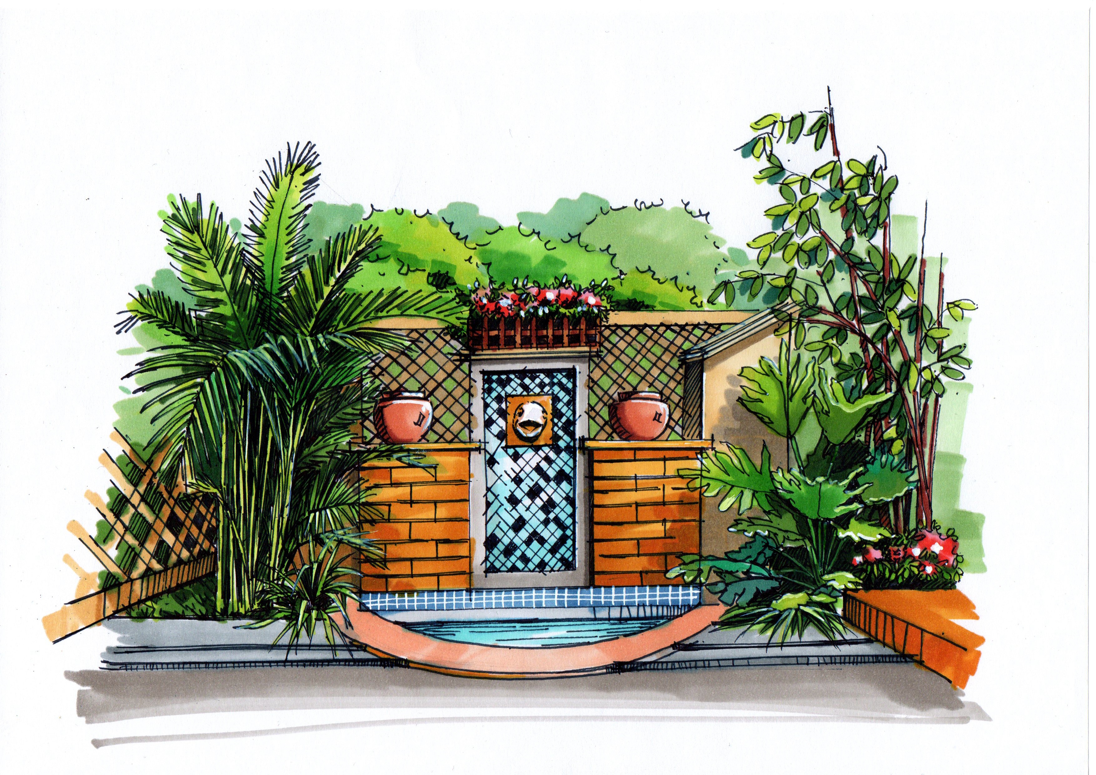 【青岛手绘】庭院水景景观设计手绘