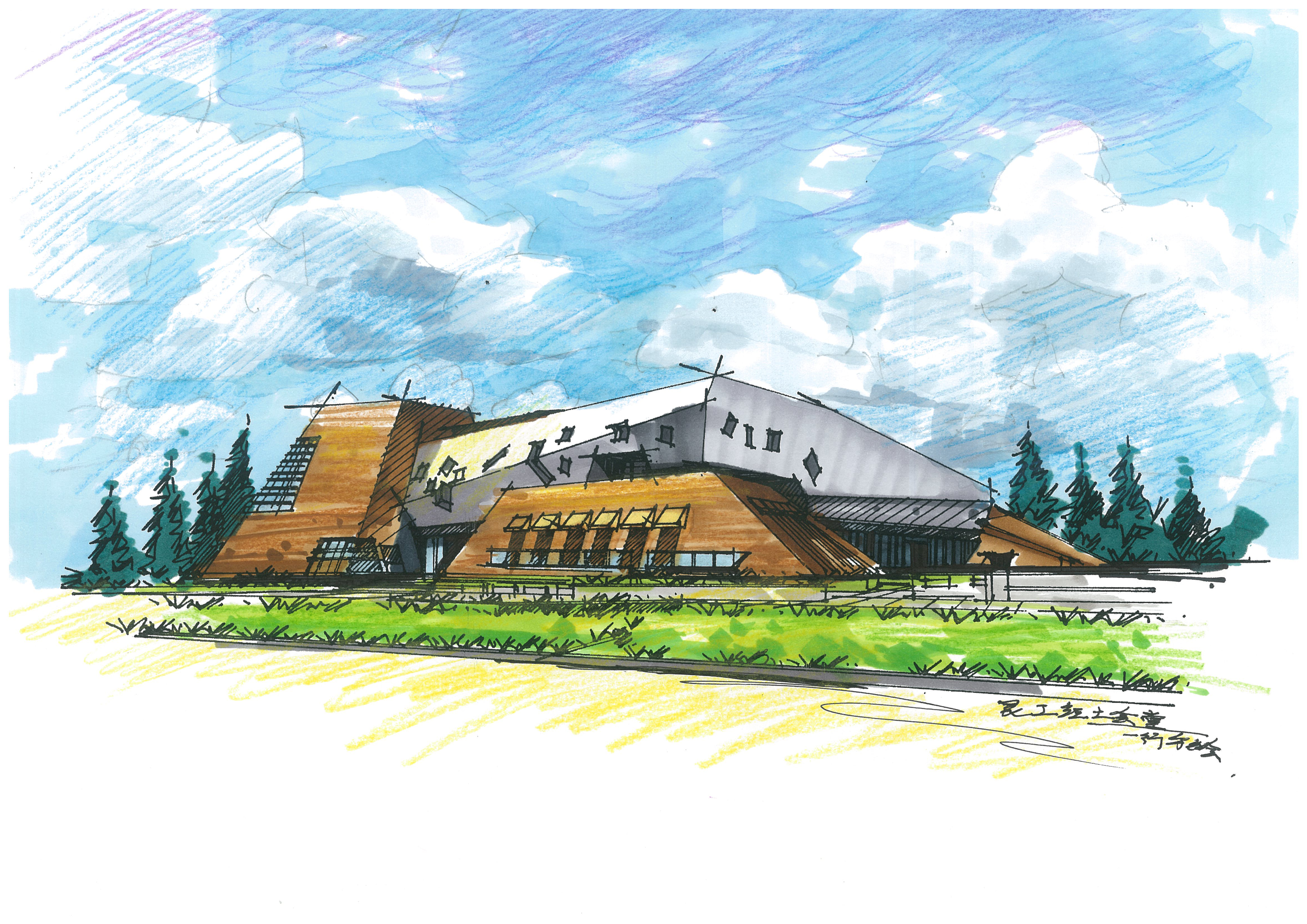 【昆明手绘】昆明理工大学红土会堂建筑手绘