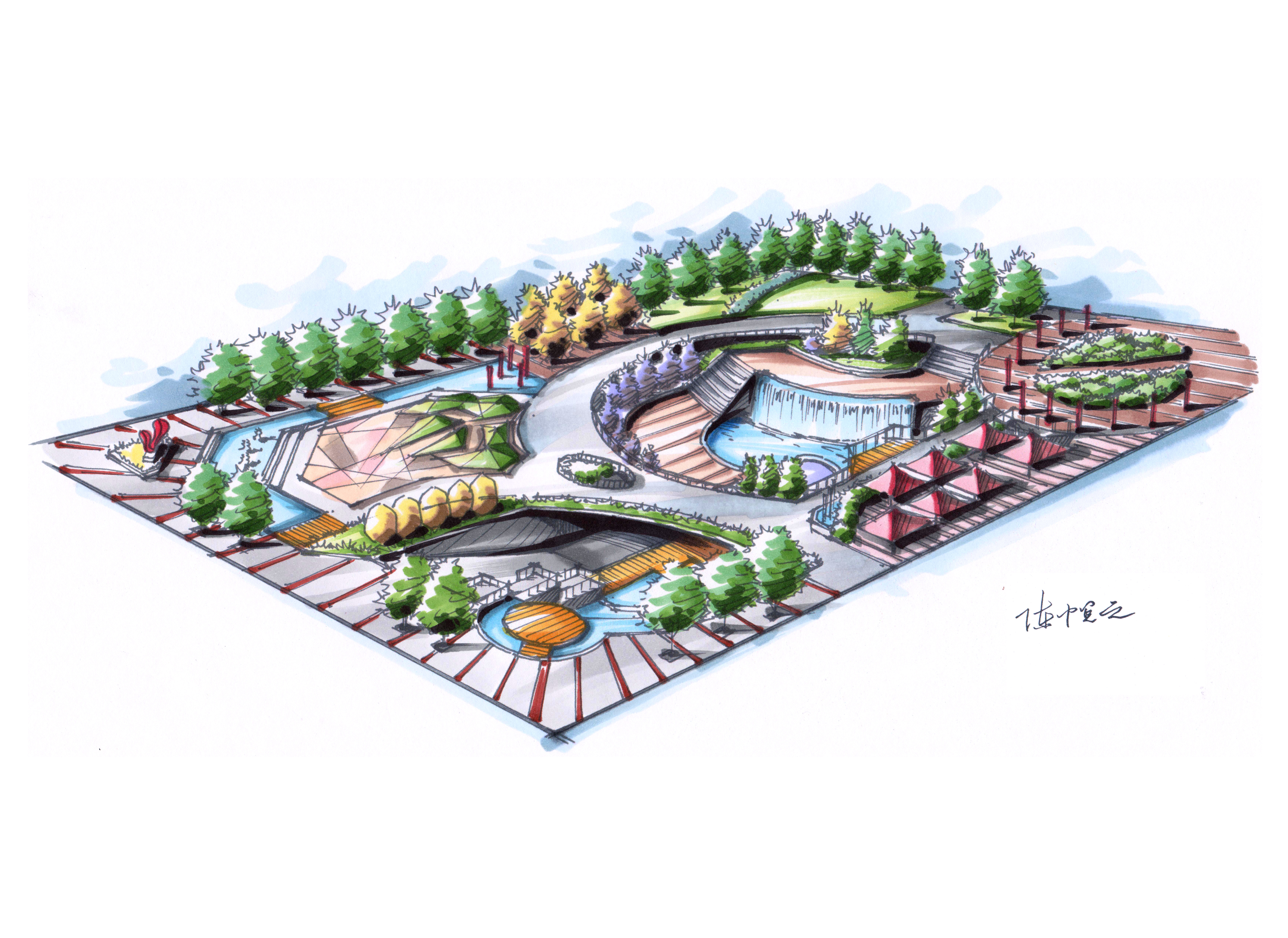 【天津手绘】历史文化广场景观设计手绘